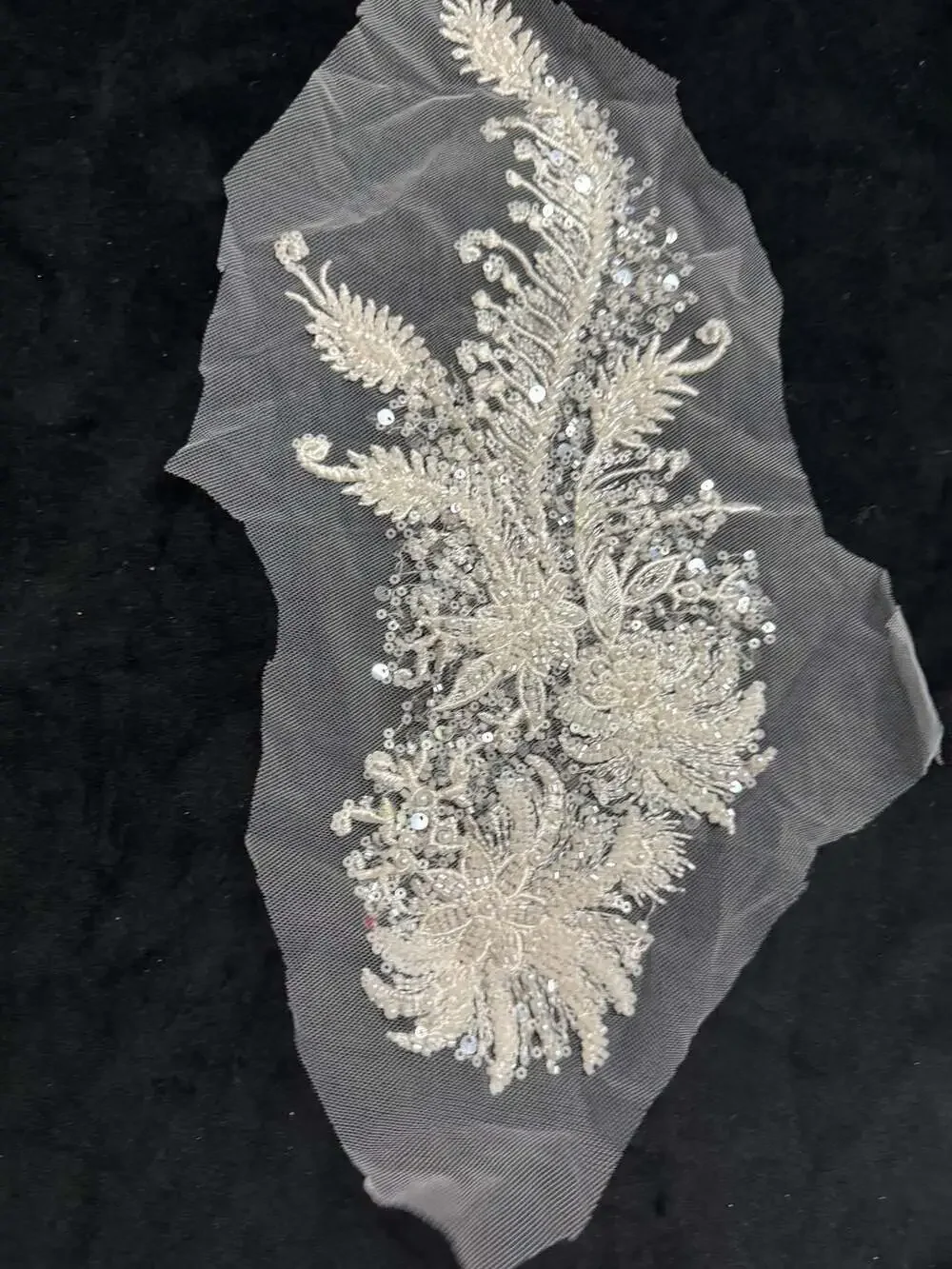 Off-White Floral Bead and Sequin Embroidered Bridal Lace Applique Patch
